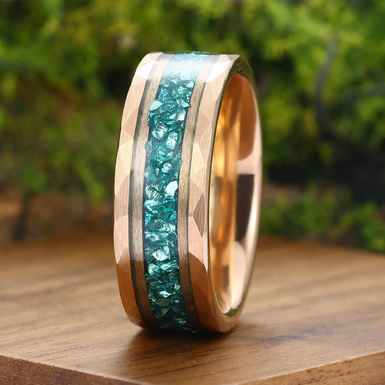 Leaf Inspired Pear Cut Emerald Matching Rings Set Exquisite Emerald Silver And Tungsten Couple Rings