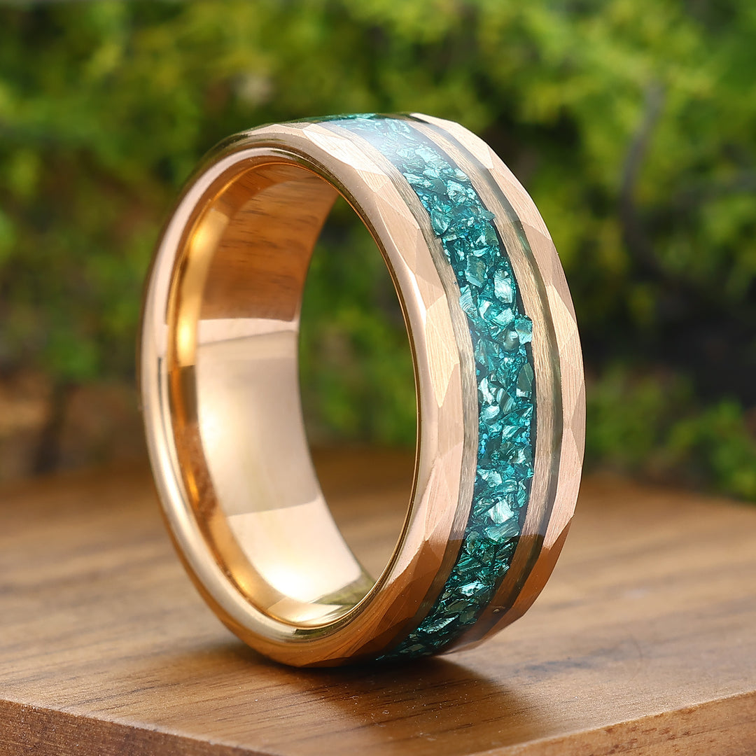 Crushed Aquamarine Tungsten Mens Wedding Band Promise Black Stack Ring Anniversary Ring