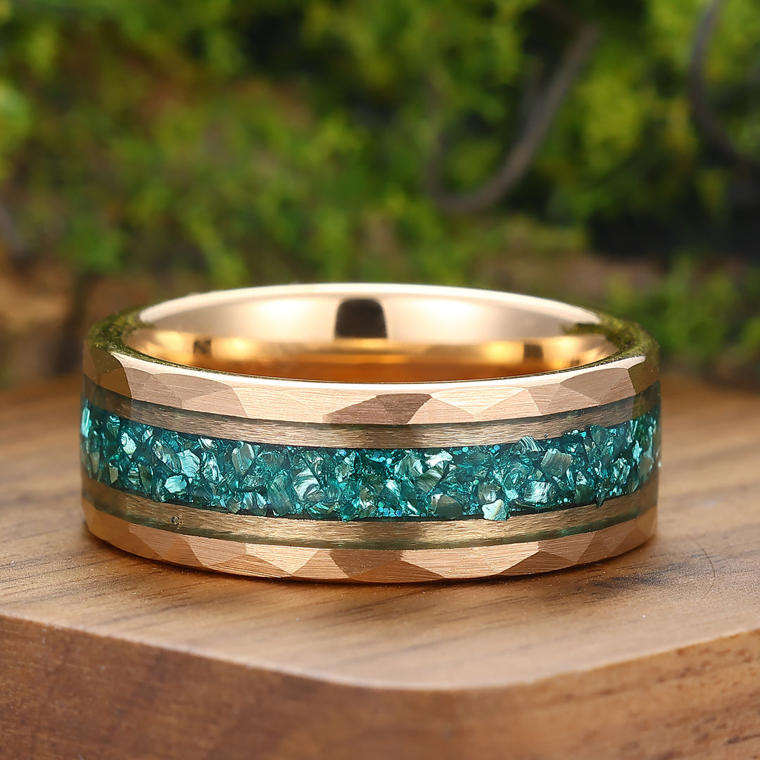 Crushed Aquamarine Tungsten Mens Wedding Band Promise Black Stack Ring Anniversary Ring