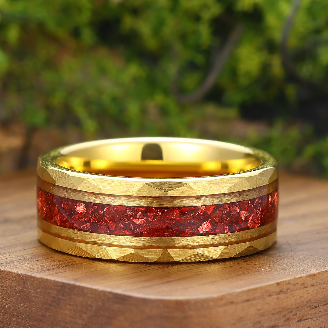 Crushed Red Ruby Black Men's Tungsten Wedding Band 8mm Hammered Ring Unique Promise Ring For Him