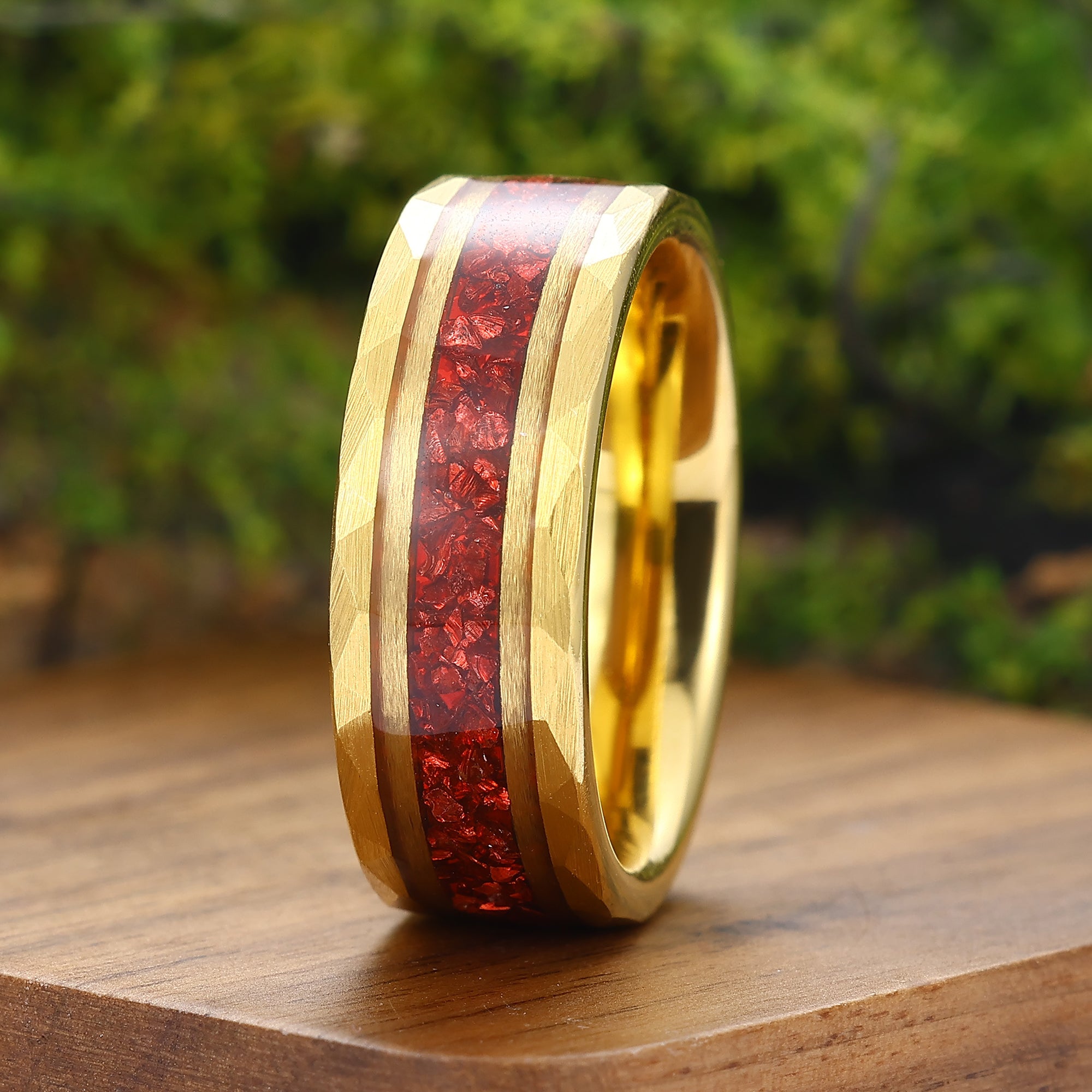 Crushed Red Ruby Black Men's Tungsten Wedding Band 8mm Hammered