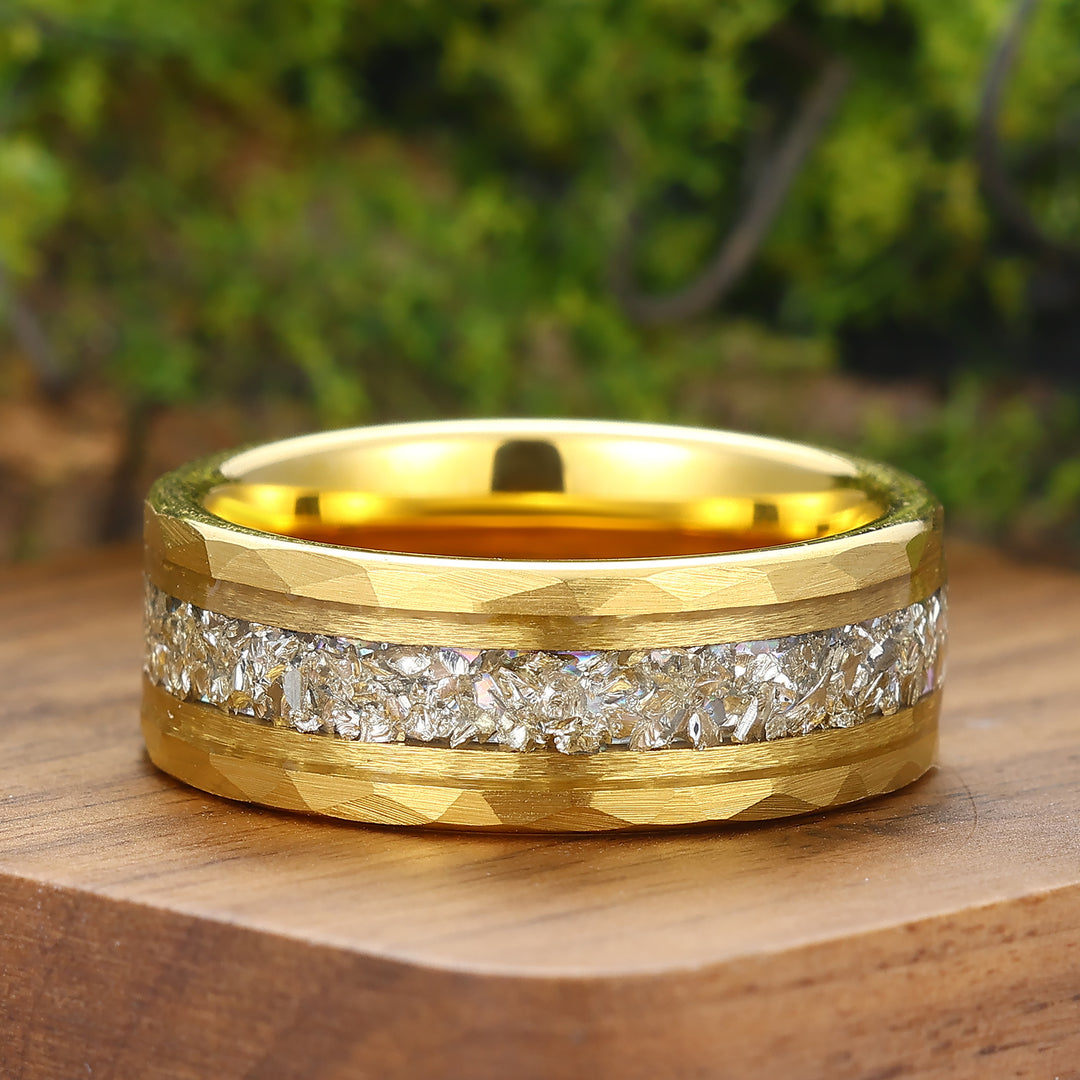 Diamond Dust Ring 8mm Hammered Tungsten Wedding Band April Birthstone Sparkling Band