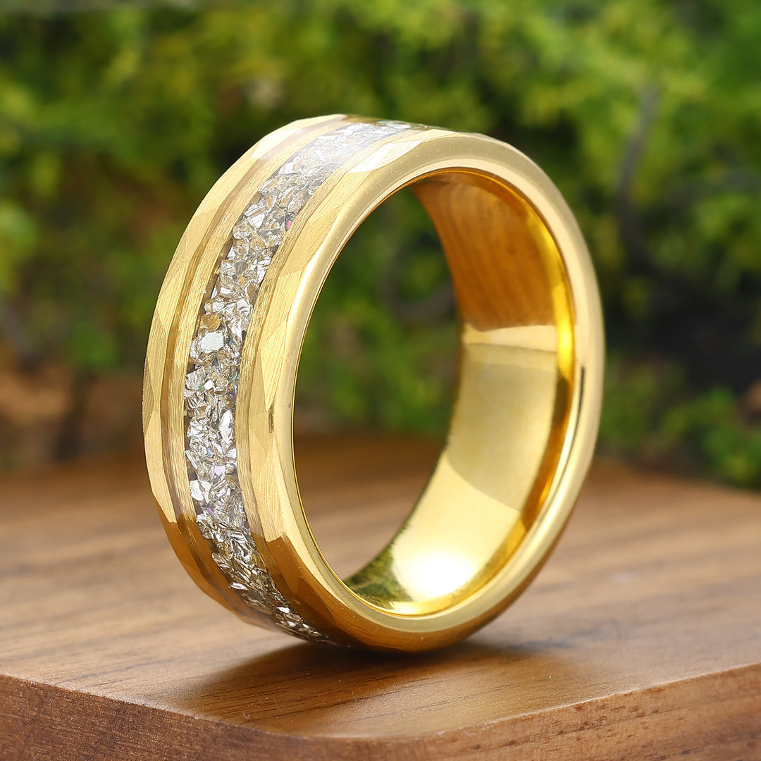 Diamond Dust Ring 8mm Hammered Tungsten Wedding Band April Birthstone Sparkling Band