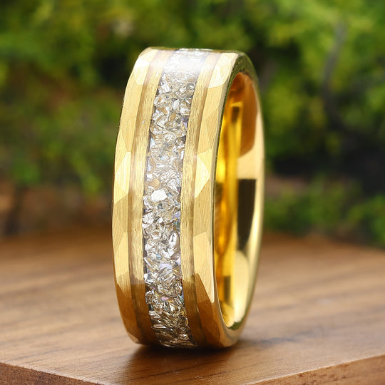 Diamond Dust Ring 8mm Hammered Tungsten Wedding Band April Birthstone Sparkling Band