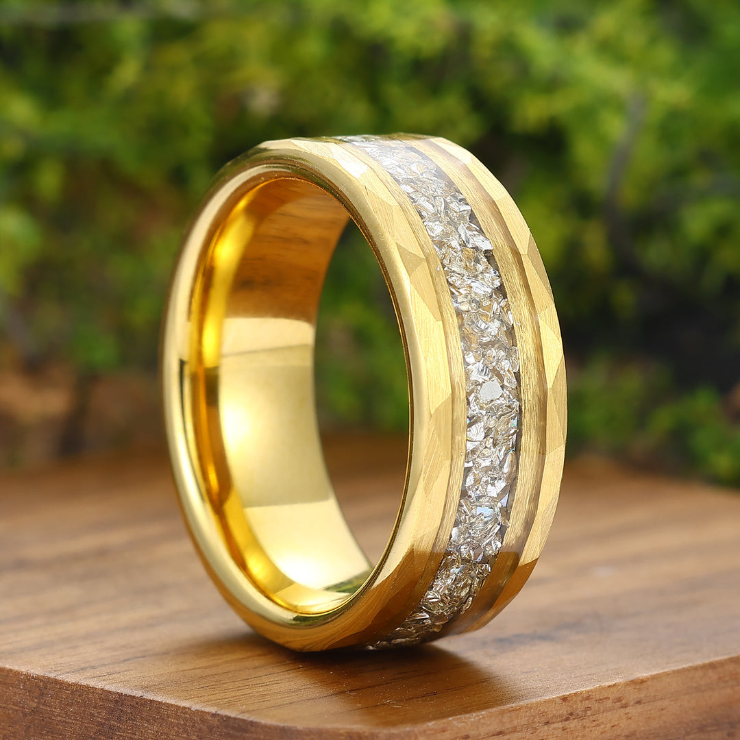 Diamond Dust Ring 8mm Hammered Tungsten Wedding Band April Birthstone Sparkling Band