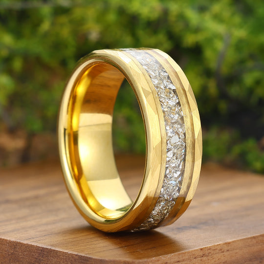 Diamond Dust Ring 8mm Hammered Tungsten Wedding Band April Birthstone Sparkling Band