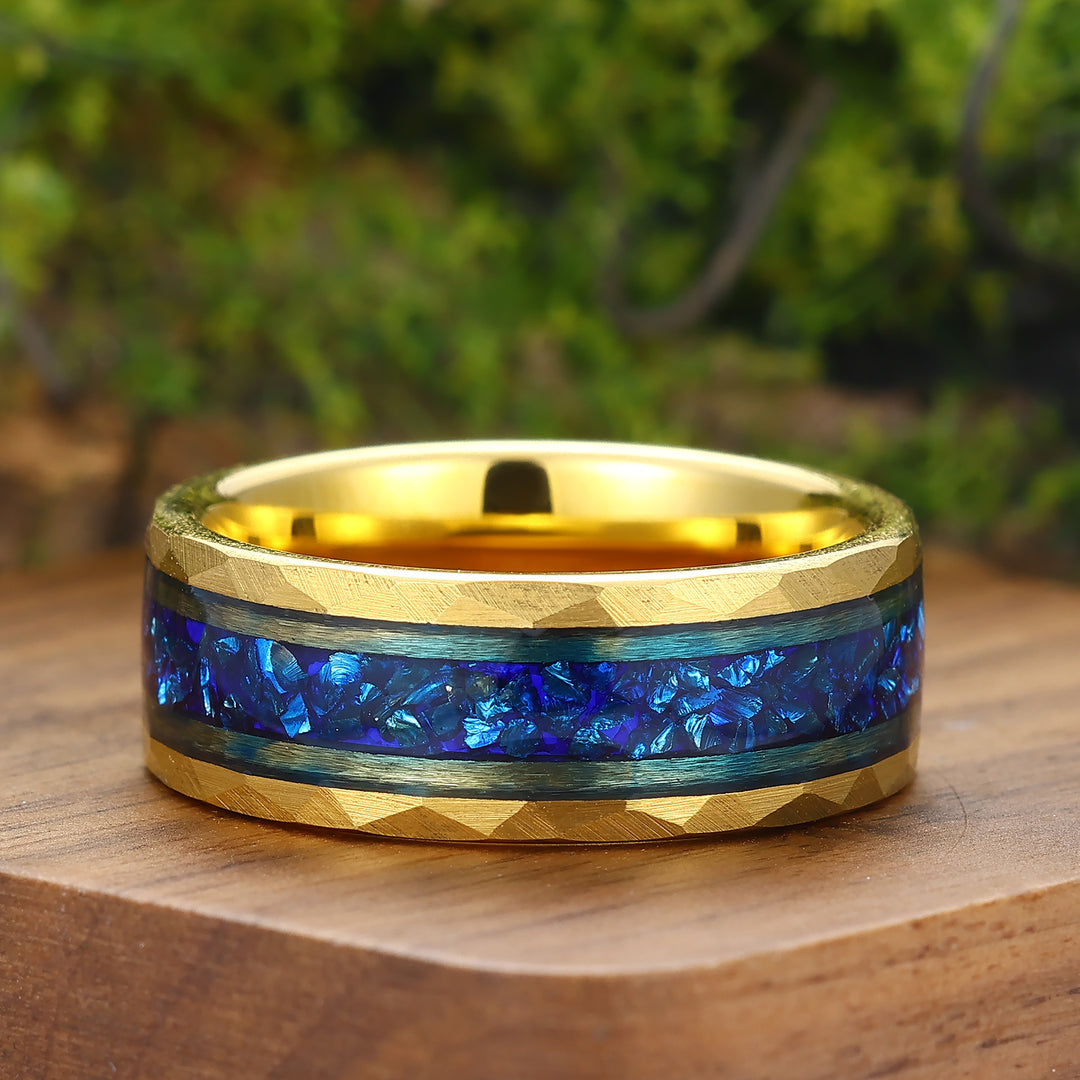 Blue Sapphire Mens Wedding Band Hammered Sapphire Birthstone Tungsten Carbide Ring