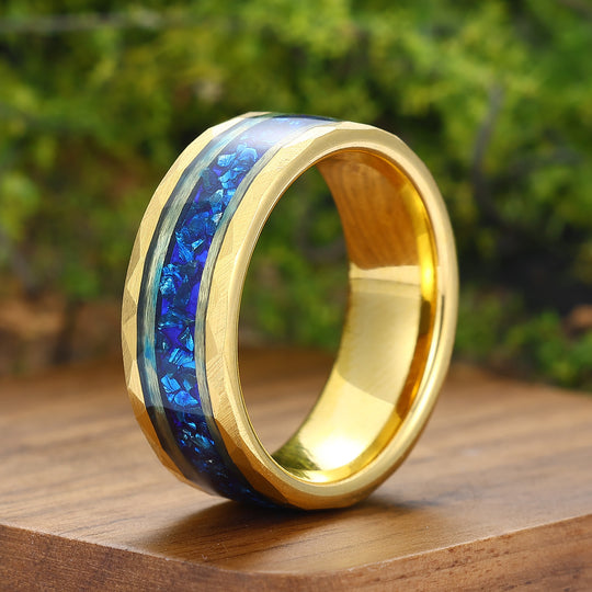 Blue Sapphire Mens Wedding Band Hammered Sapphire Birthstone Tungsten Carbide Ring