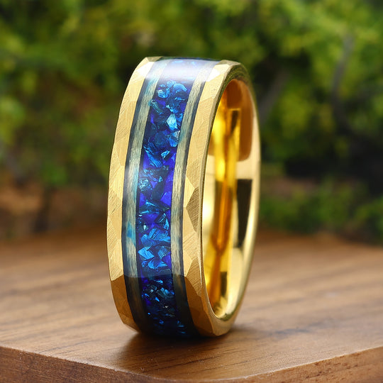 Blue Sapphire Mens Wedding Band Hammered Sapphire Birthstone Tungsten Carbide Ring