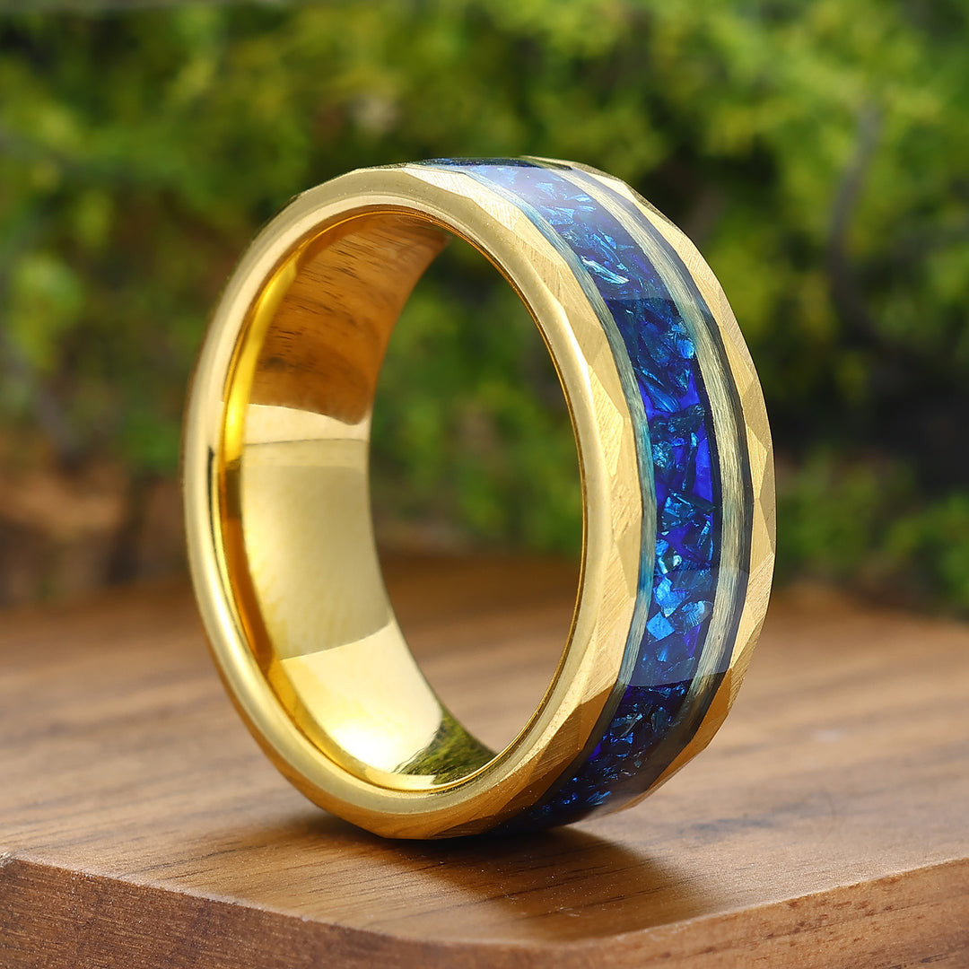 Blue Sapphire Mens Wedding Band Hammered Sapphire Birthstone Tungsten Carbide Ring