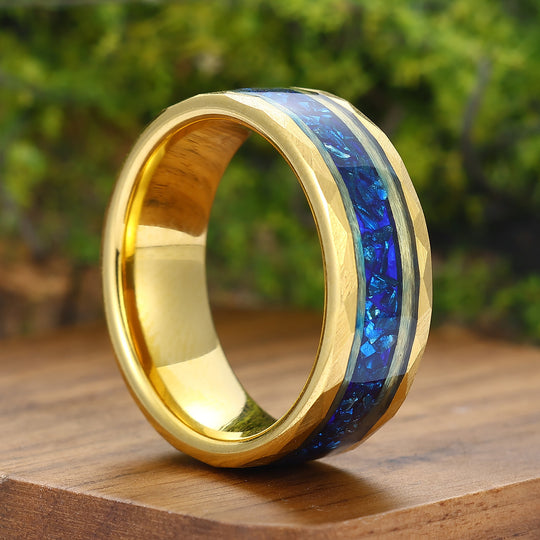 Blue Sapphire Mens Wedding Band Hammered Sapphire Birthstone Tungsten Carbide Ring