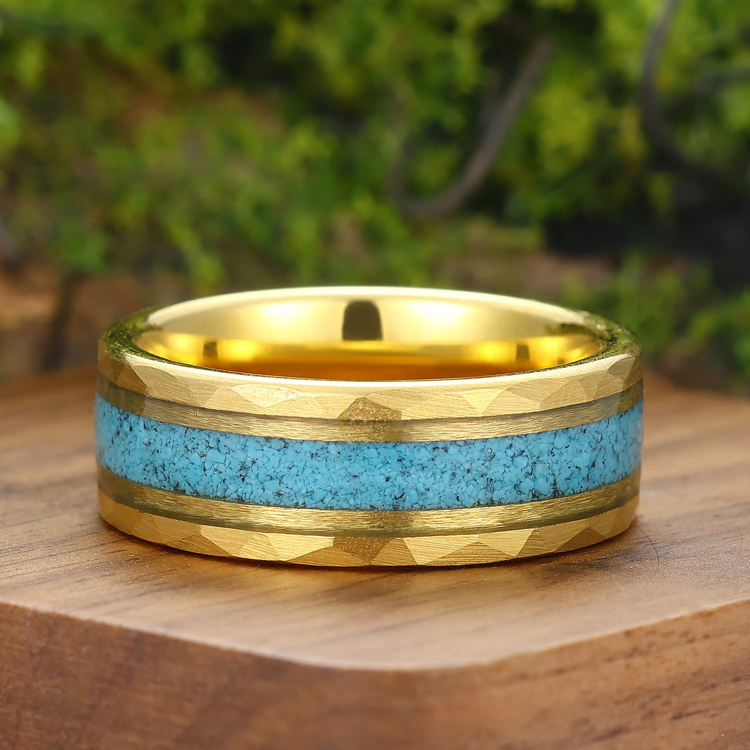 Personalized Turquoise Mens Tungsten Ring 8mm Wide Hammered Men's Band