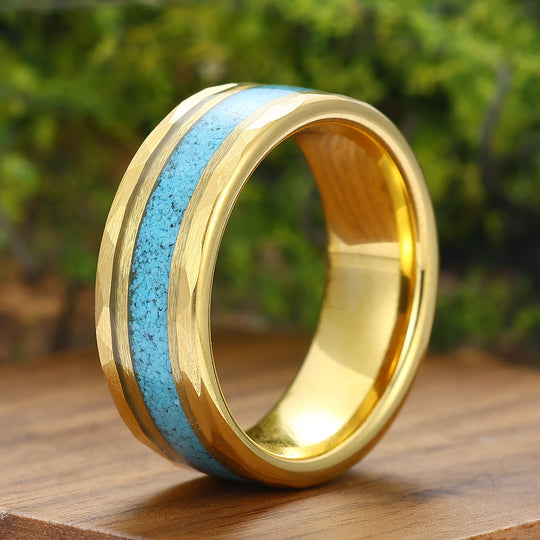 Personalized Turquoise Mens Tungsten Ring 8mm Wide Hammered Men's Band