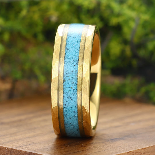 Personalized Turquoise Mens Tungsten Ring 8mm Wide Hammered Men's Band