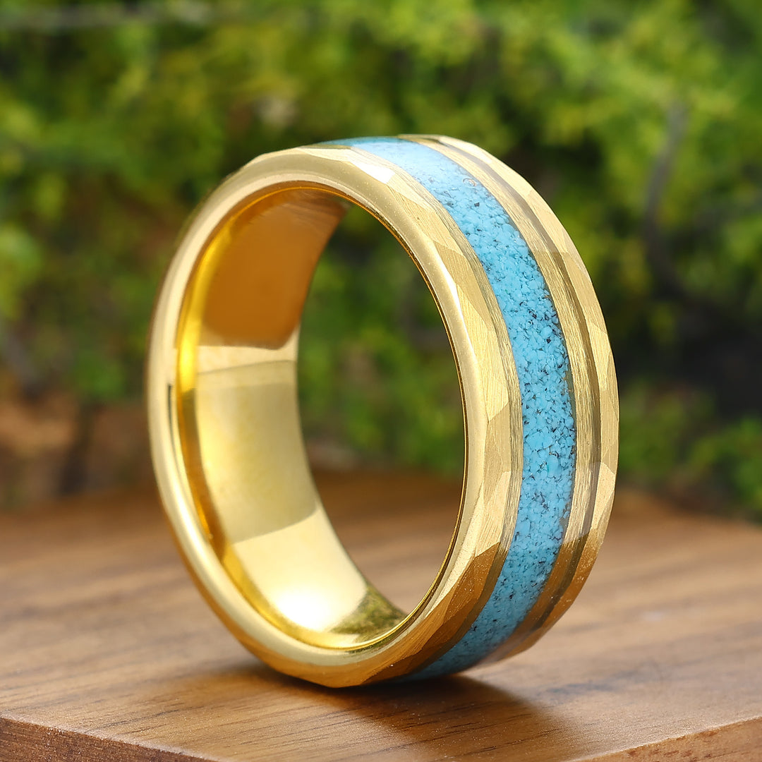 Personalized Turquoise Mens Tungsten Ring 8mm Wide Hammered Men's Band