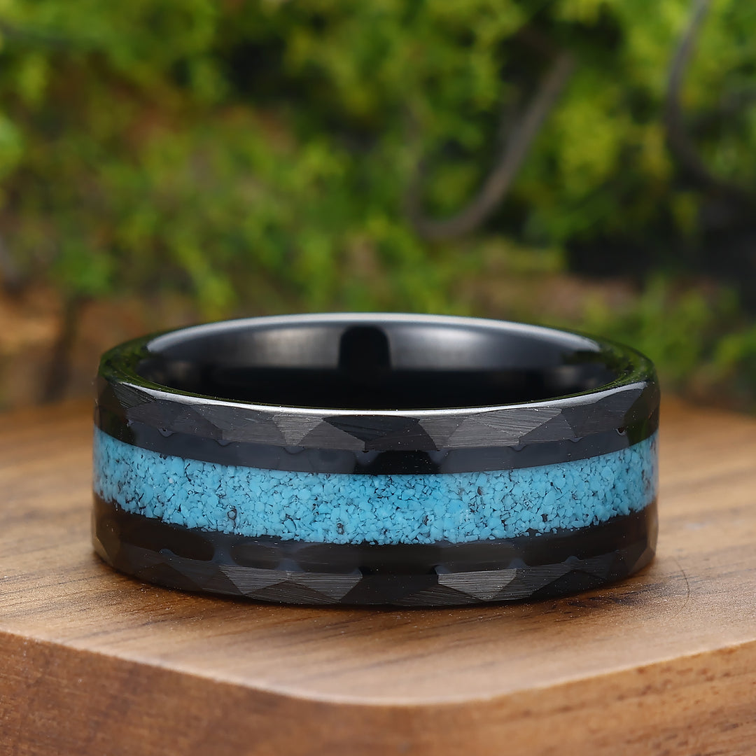 Personalized Turquoise Mens Tungsten Ring 8mm Wide Hammered Men's Band