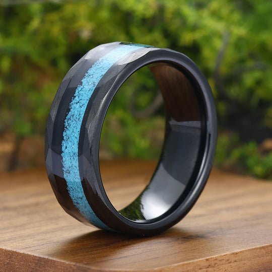 Personalized Turquoise Mens Tungsten Ring 8mm Wide Hammered Men's Band