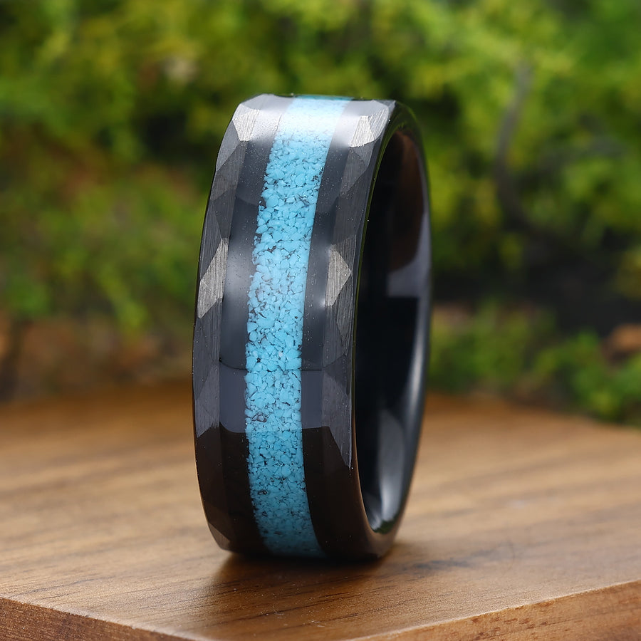 Personalized Turquoise Mens Tungsten Ring 8mm Wide Hammered Men's Band