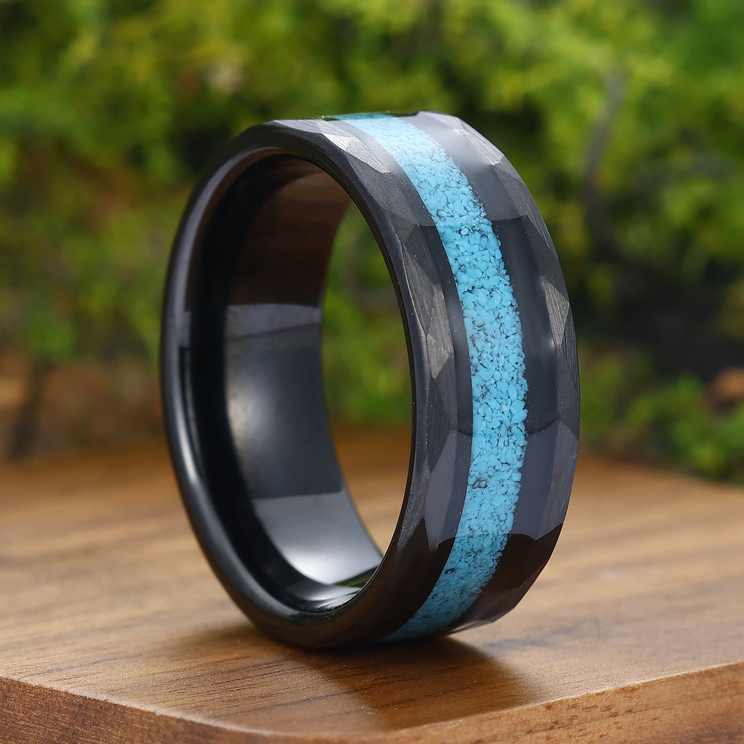 Personalized Turquoise Mens Tungsten Ring 8mm Wide Hammered Men's Band