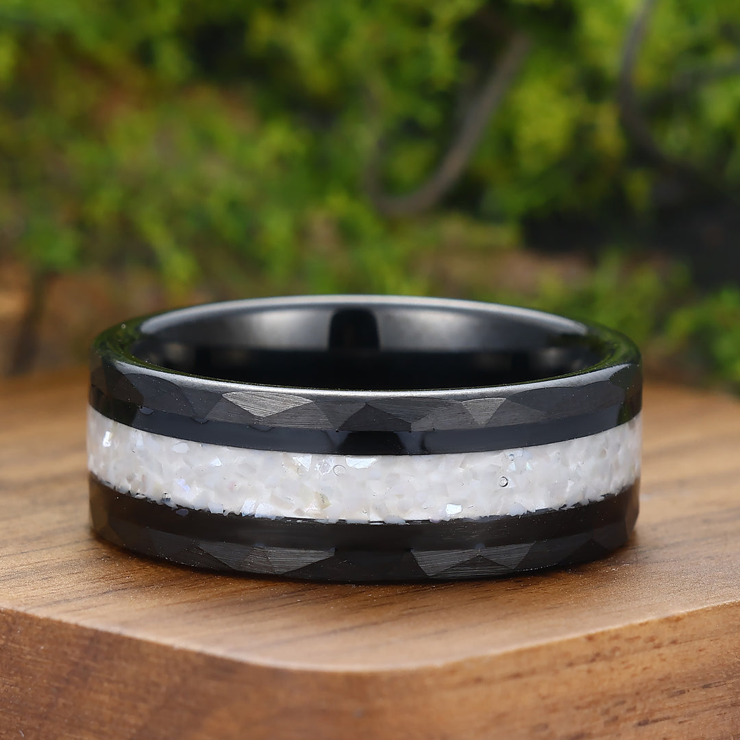 Unique Crushed Pearl Tungsten Ring Hammered Tungsten Mens Wedding Band