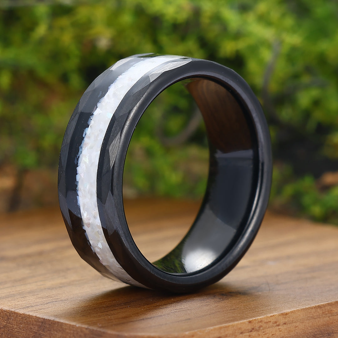 Unique Crushed Pearl Tungsten Ring Hammered Tungsten Mens Wedding Band
