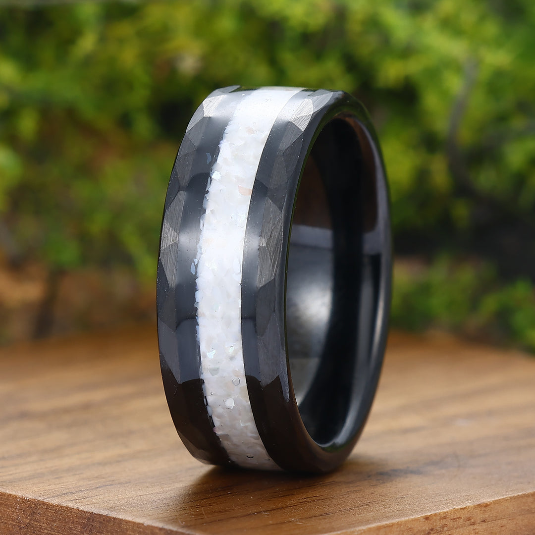 Unique Crushed Pearl Tungsten Ring Hammered Tungsten Mens Wedding Band