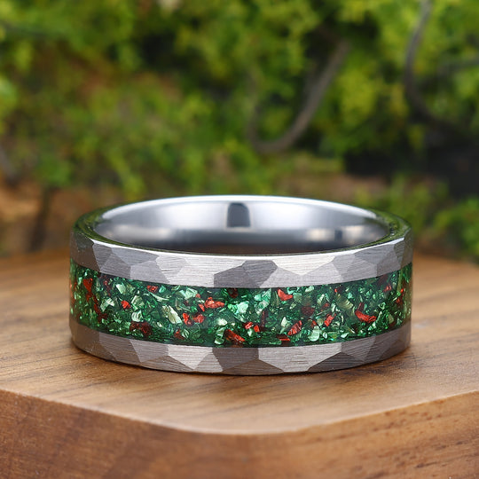 Green Emerald And Ruby Hammered Tungsten Ring 8mm May Birthstone Men's Band