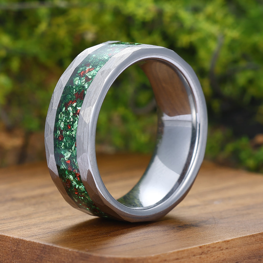 Green Emerald And Ruby Hammered Tungsten Ring 8mm May Birthstone Men's Band