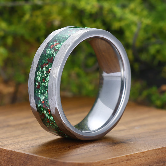 Green Emerald And Ruby Hammered Tungsten Ring 8mm May Birthstone Men's Band