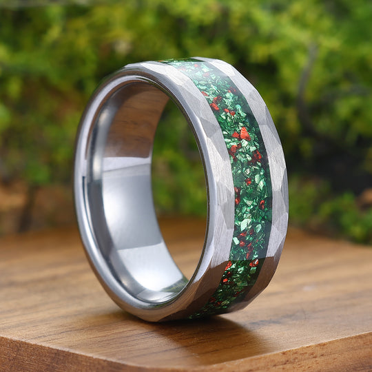 Green Emerald And Ruby Hammered Tungsten Ring 8mm May Birthstone Men's Band