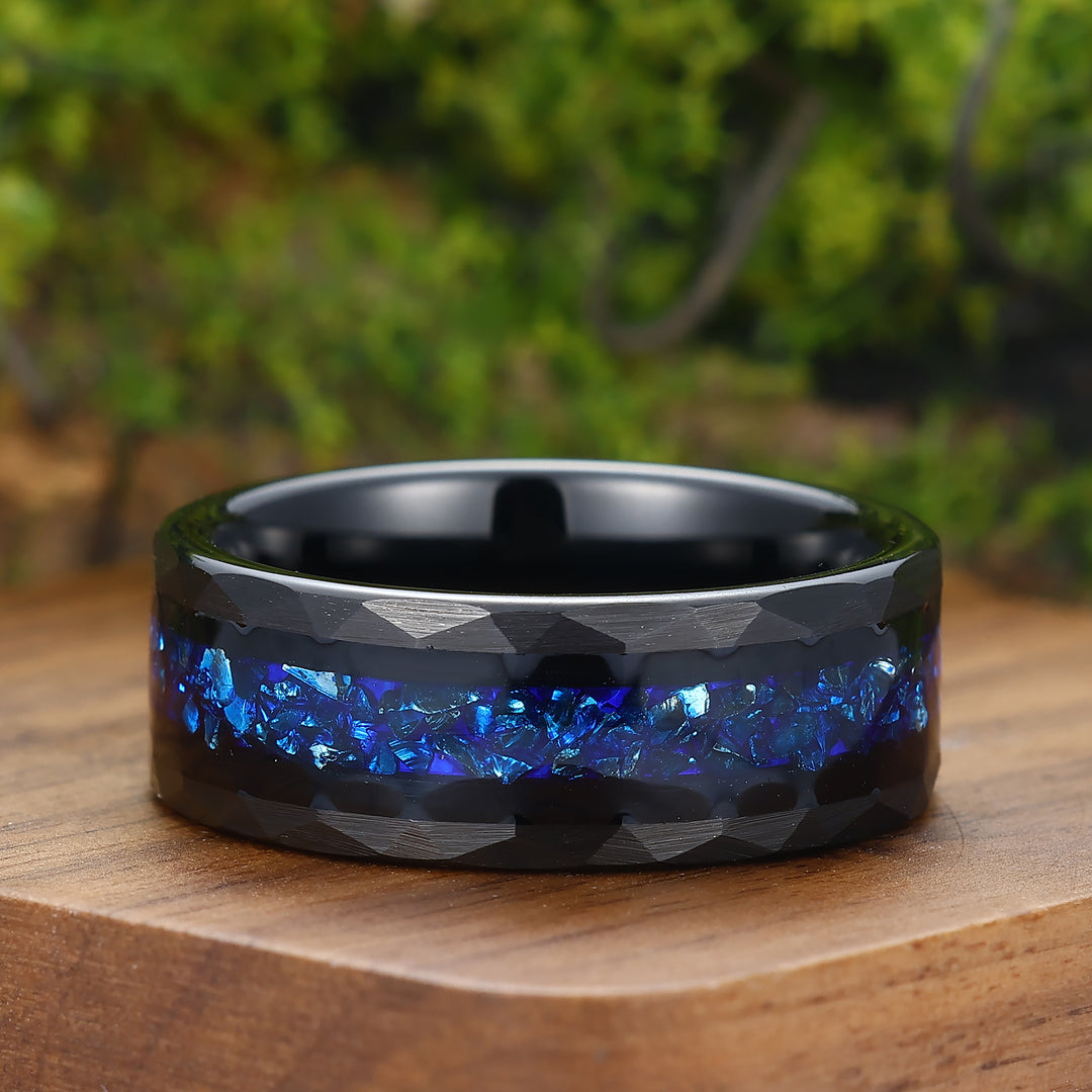 Blue Sapphire Mens Wedding Band Hammered Sapphire Birthstone Tungsten Carbide Ring