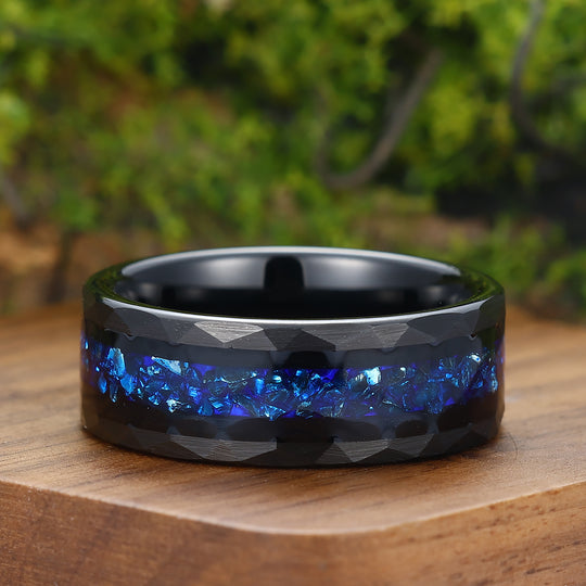 Blue Sapphire Mens Wedding Band Hammered Sapphire Birthstone Tungsten Carbide Ring