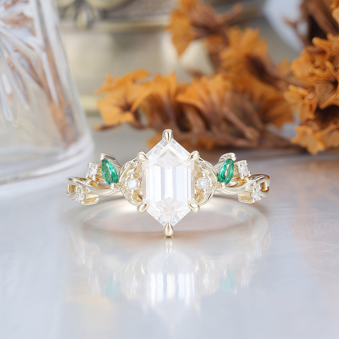 Unique 1.1 CT Long Hexagon Cut  Moissanite Art Deco Leaf Gold & 925 Sliver Engagement Ring -  Esdomera.com