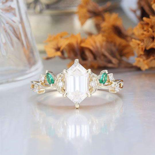 Unique 1.1 CT Long Hexagon Cut  Moissanite Art Deco Leaf Gold & 925 Sliver Engagement Ring -  Esdomera.com