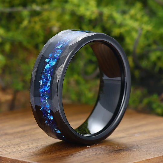 Blue Sapphire Mens Wedding Band Hammered Sapphire Birthstone Tungsten Carbide Ring