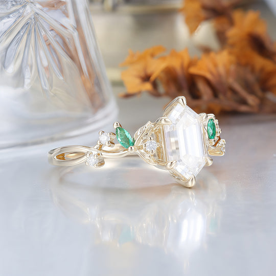 Unique 1.1 CT Long Hexagon Cut  Moissanite Art Deco Leaf Gold & 925 Sliver Engagement Ring -  Esdomera.com