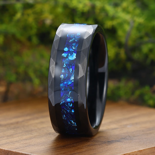 Blue Sapphire Mens Wedding Band Hammered Sapphire Birthstone Tungsten Carbide Ring