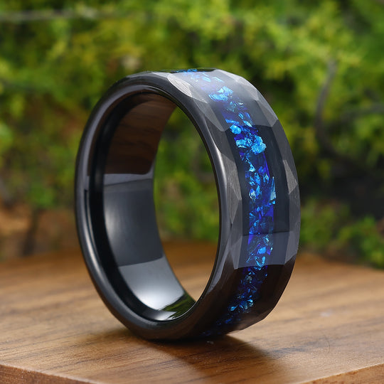 Blue Sapphire Mens Wedding Band Hammered Sapphire Birthstone Tungsten Carbide Ring