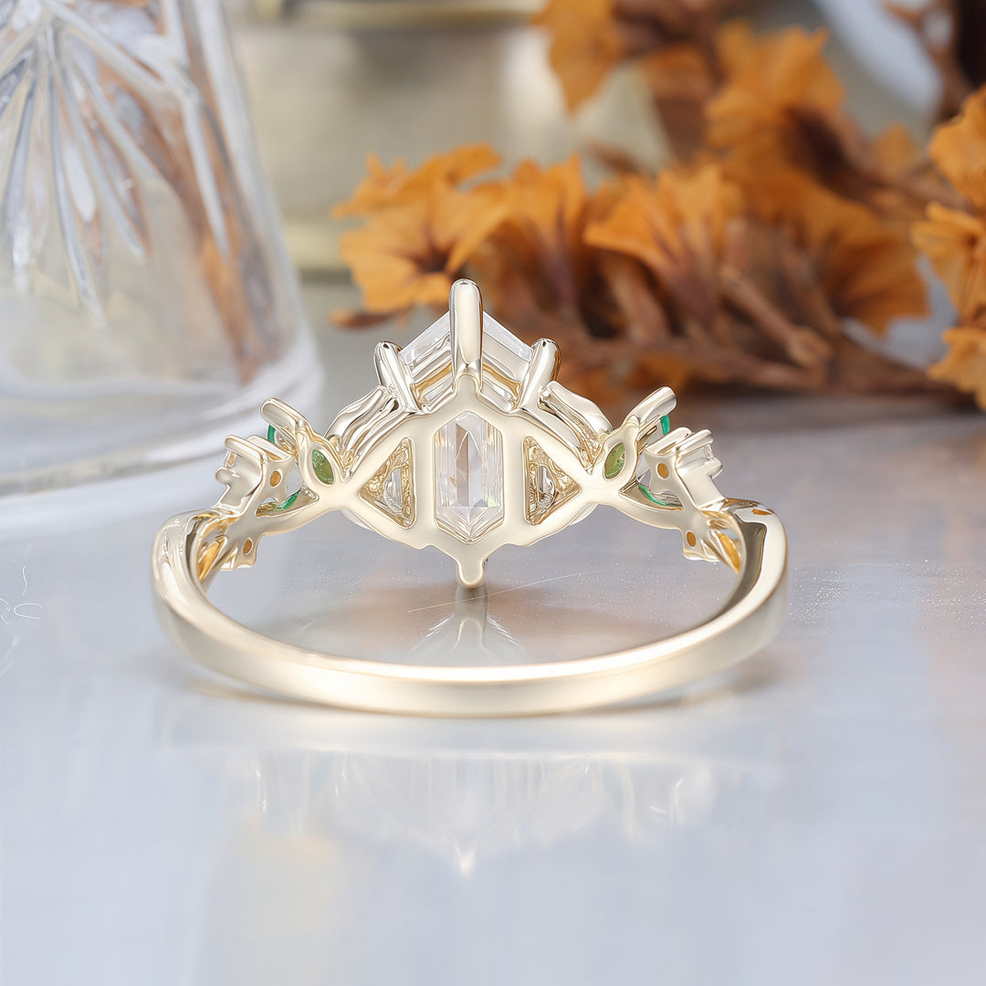 Unique 1.1 CT Long Hexagon Cut  Moissanite Art Deco Leaf Gold & 925 Sliver Engagement Ring -  Esdomera.com