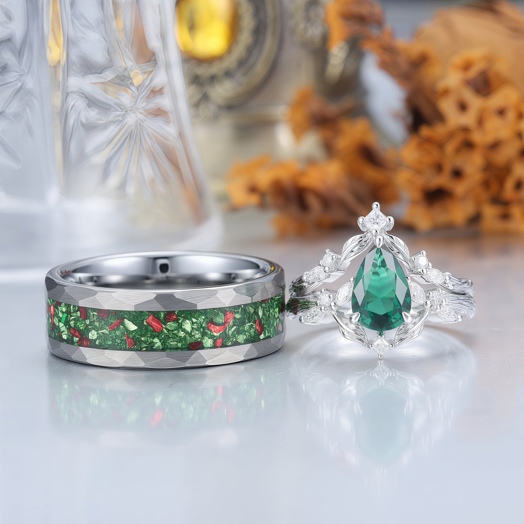 Exquisite Emerald Leaf Branch Couple Ring Set 3pcs Green His And Hers Rings Matching Ring For Women -  Esdomera.com