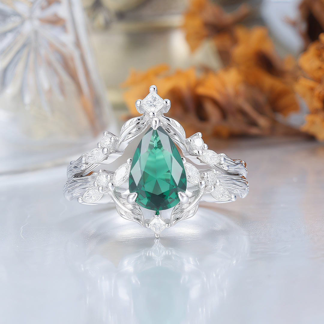 Exquisite Emerald Leaf Branch Couple Ring Set 3pcs Green His And Hers Rings Matching Ring For Women -  Esdomera.com