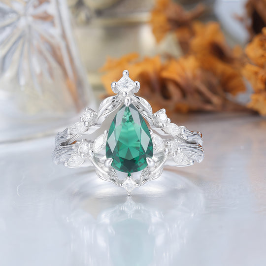 Exquisite Emerald Leaf Branch Couple Ring Set 3pcs Green His And Hers Rings Matching Ring For Women -  Esdomera.com