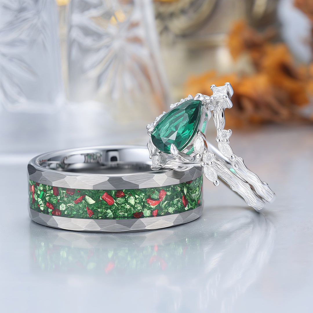 Exquisite Emerald Leaf Branch Couple Ring Set 3pcs Green His And Hers Rings Matching Ring For Women -  Esdomera.com