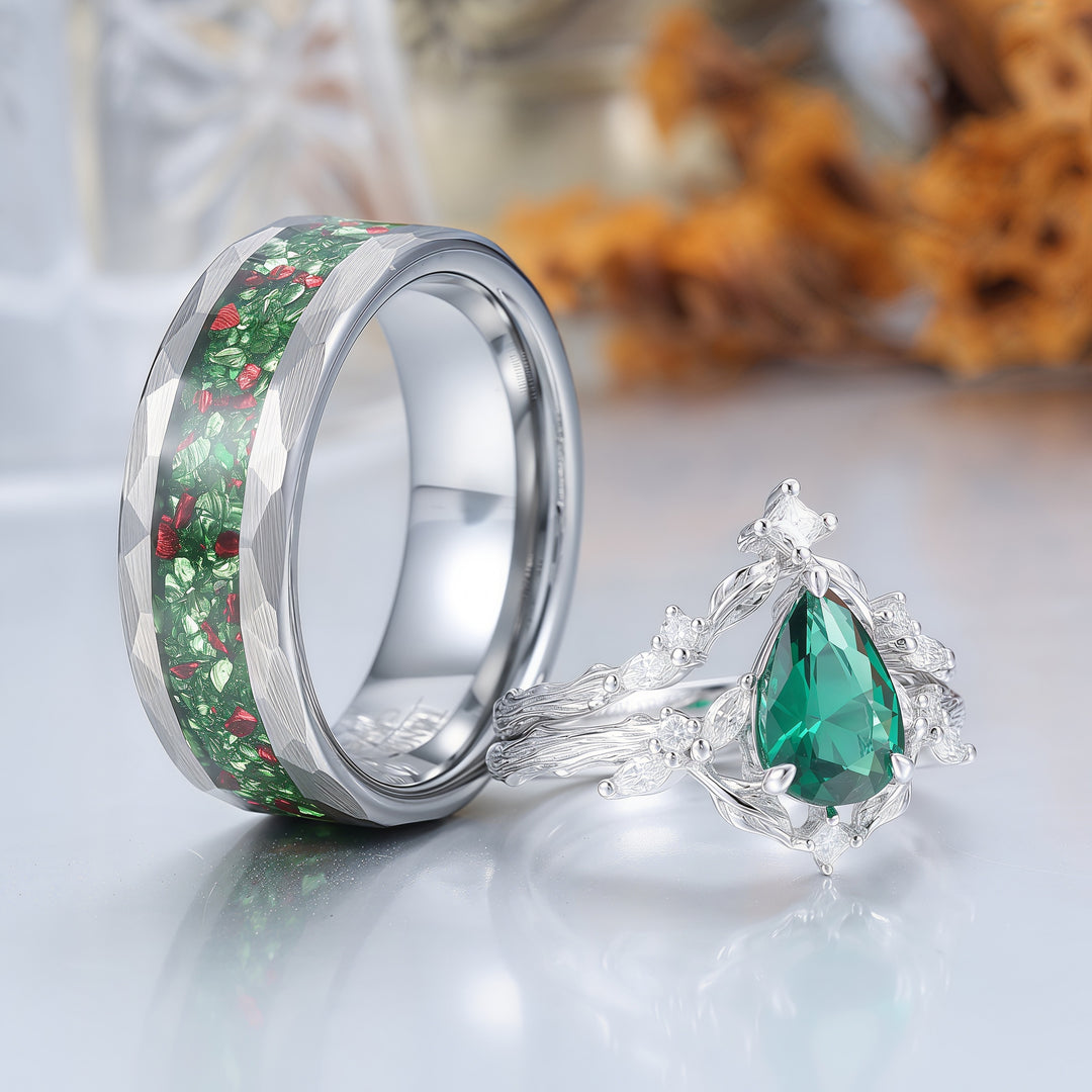 Exquisite Emerald Leaf Branch Couple Ring Set 3pcs Green His And Hers Rings Matching Ring For Women -  Esdomera.com