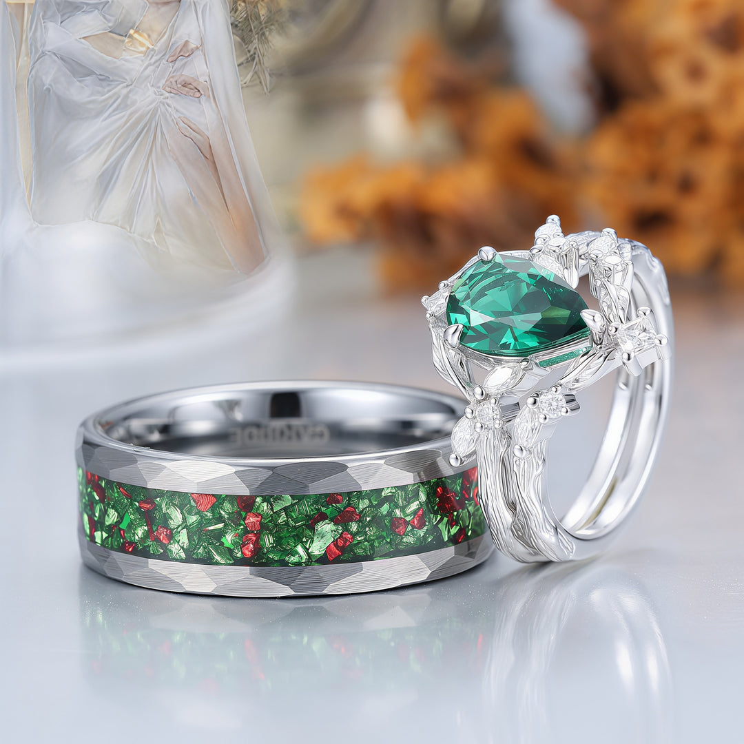 Exquisite Emerald Leaf Branch Couple Ring Set 3pcs Green His And Hers Rings Matching Ring For Women -  Esdomera.com