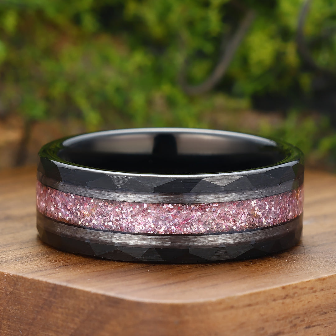 Rose Quartz Mens Wedding Band 8mm Pink Black Handmade Tungsten Ring