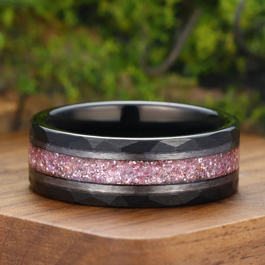 Rose Quartz Mens Wedding Band 8mm Pink Black Handmade Tungsten Ring