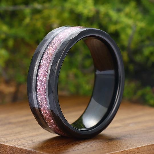 Rose Quartz Mens Wedding Band 8mm Pink Black Handmade Tungsten Ring