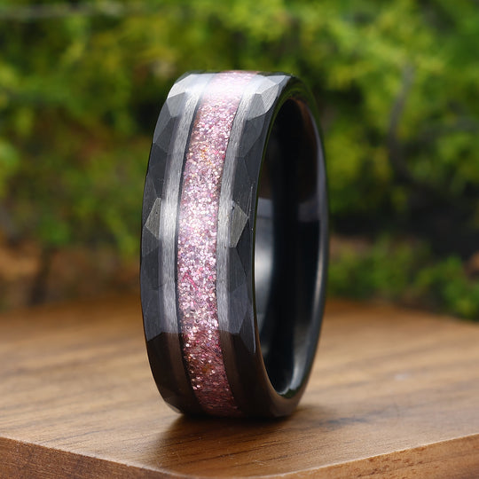 Rose Quartz Mens Wedding Band 8mm Pink Black Handmade Tungsten Ring
