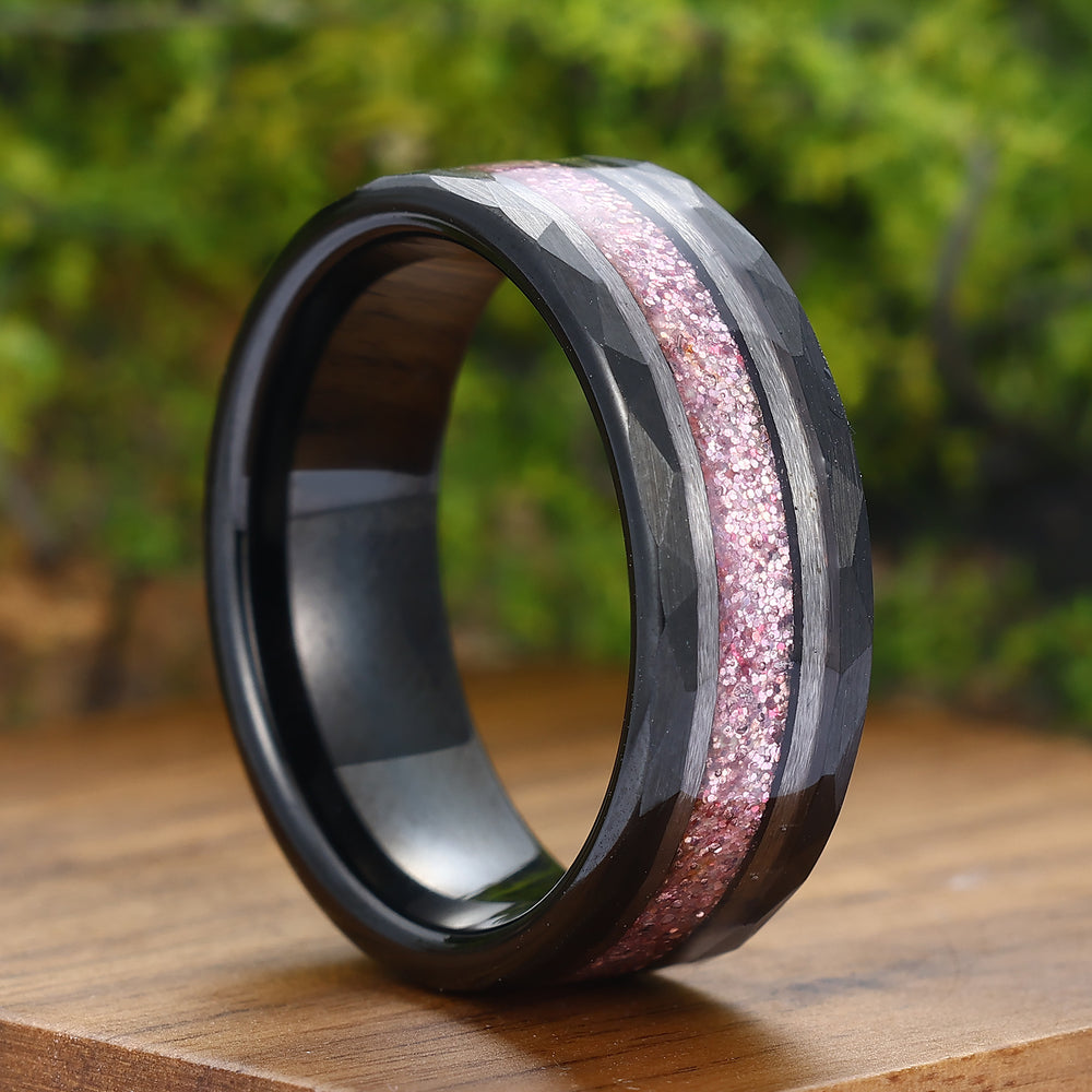 Rose Quartz Mens Wedding Band 8mm Pink Black Handmade Tungsten Ring